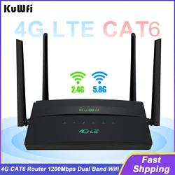 KuWFi CAT6 4G LTE Router 1200Mbps 2.4G 5.8G Dual Frequency Wireless Wifi With SIM Card Slot 100M Enternet WAN LAN Port 32 Users