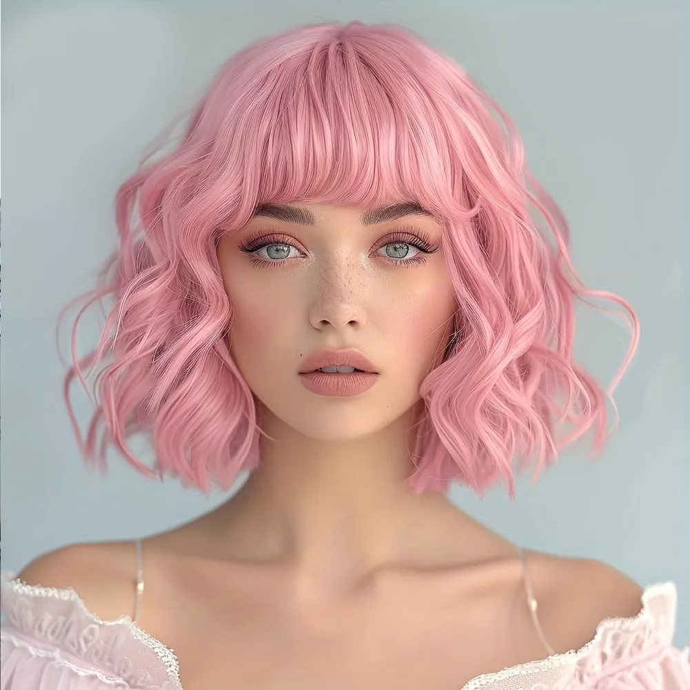 

14-16 inch women's synthetic festival wig, pink short curly hair with bangs, matte high temperature silk rose mesh cap.
