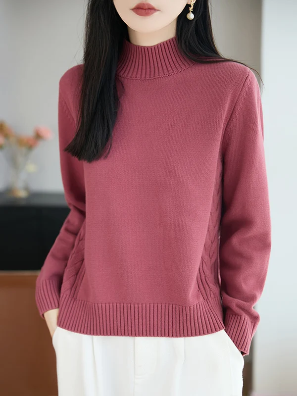 Thickened Pure Cotton Knitted Sweater Women's Loose Warm Half High Collar Twist Yarn Inner Wear Base Top Autumn Fashion