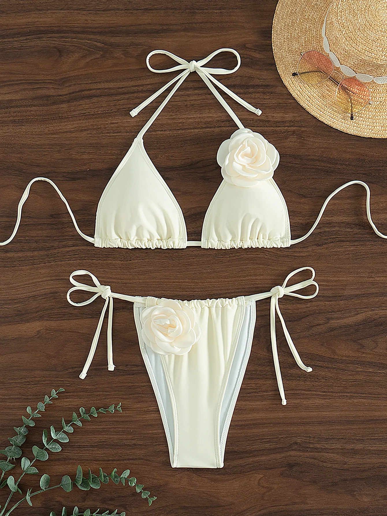 

Женский модный однотонный летний купальник с треугольной сумкой и цветочным акцентом на бретельках