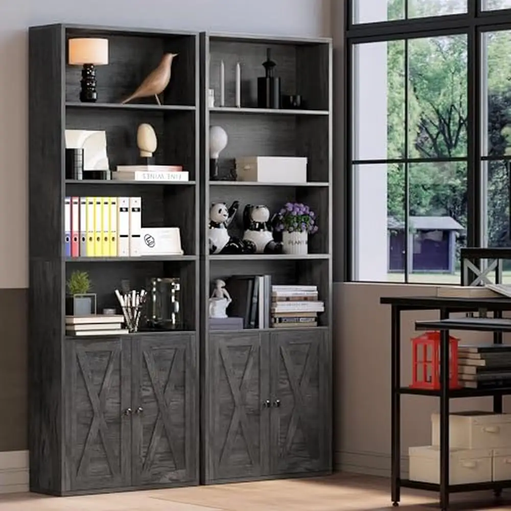 6-Tier Industriële Boekenkast Met Deuren Massief Metalen Frame Display Opslag Planken Thuis Kantoor Eenvoudig Montage Traditionele Stijl 70"