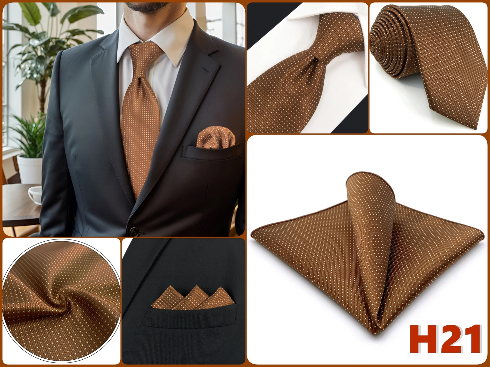 Braunes Herren-Krawatten-Einstecktuch-Set, klassisches Krawatten-Einstecktuch-Set, Business-Formal, Khaki, 147 cm, Dropshipping, Vintage – Detail 27