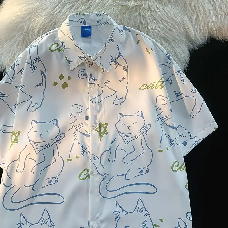 XEJ Summer Women Shirts 2023 Japanese Cityboy Fun Cartoon Cat Print Shirt Chic Woman Korean Style Blouse for Women Short Sleeve