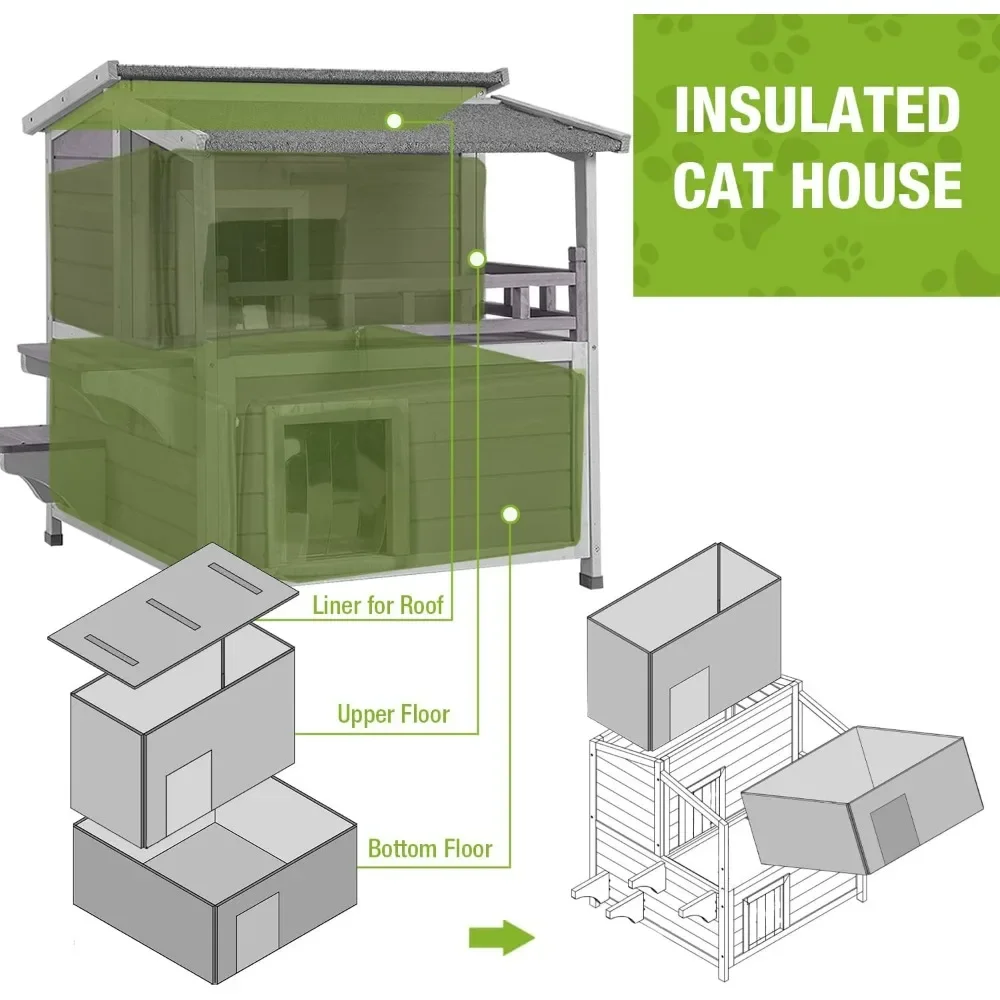 Cat House, Outdoor 100% Insulation Feral Kitty Shelter with Insulated Liner for Winter,Waterproof Heated Cat Condo, Cat House