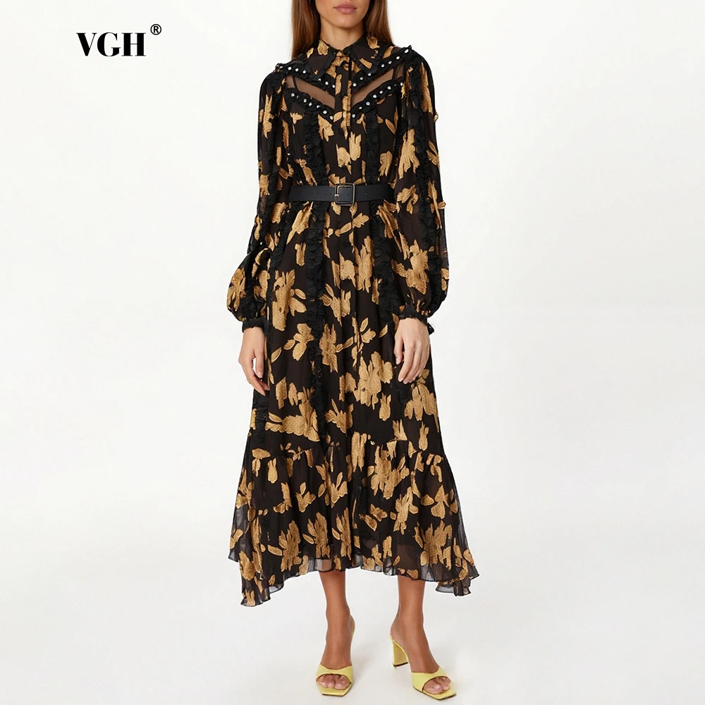 

VGH Colorblock Printing Spliced Sahses Dress for Women Lapel Long Sleeve High Waist Vintage Elegant Party Folds Dresses Female