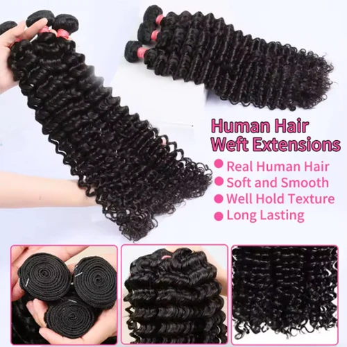Imagen 2 del producto Extensiones de cabello humano 100% ondulado profundo de 32 pulgadas, mechones de cabello humano rizado de 1/3/4 Uds., extensiones de cabello humano sin procesar, doble trama