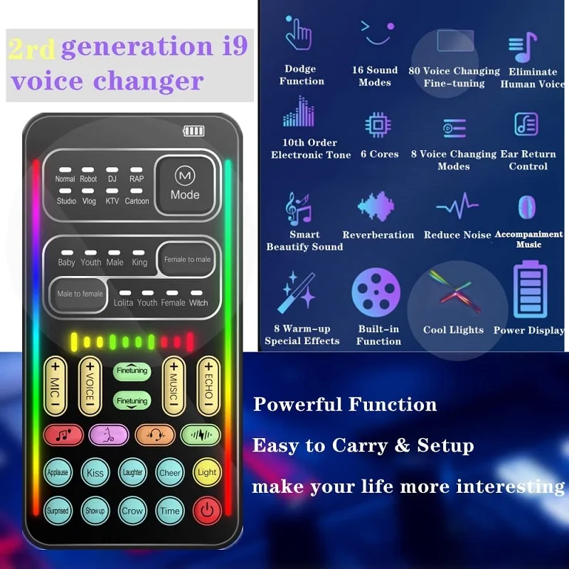 Live Sound Card Mini Efeito Áudio Portátil Voice Changer Telefone PC Tablet Speaker Device 8 Sound Changes Karaoke Tool