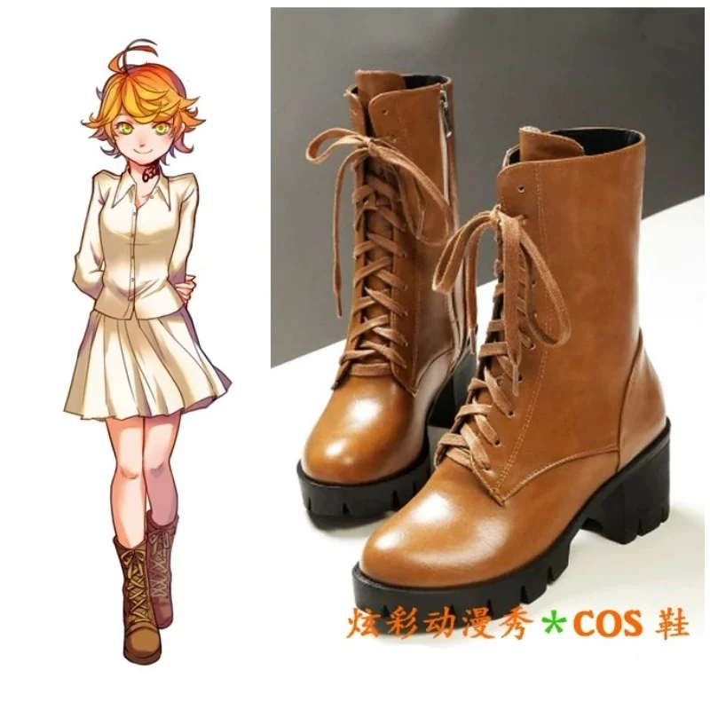 Anime‌ The Promised Neverland Cosplay Emma Shoes Boots Halloween Carnival Boots PU Leather Brown Handmade Shoes