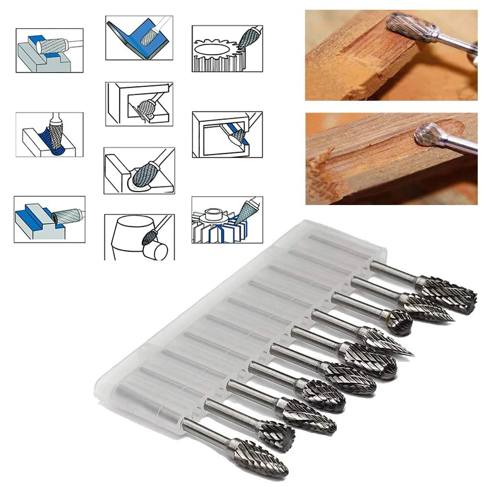 Wolfraamcarbide Roterende Burr 10 stks Carving Burr Bits Dubbele Diamond Cut Dremel Gereedschap voor Hout Steenhouwen Staal Metaalbewerking