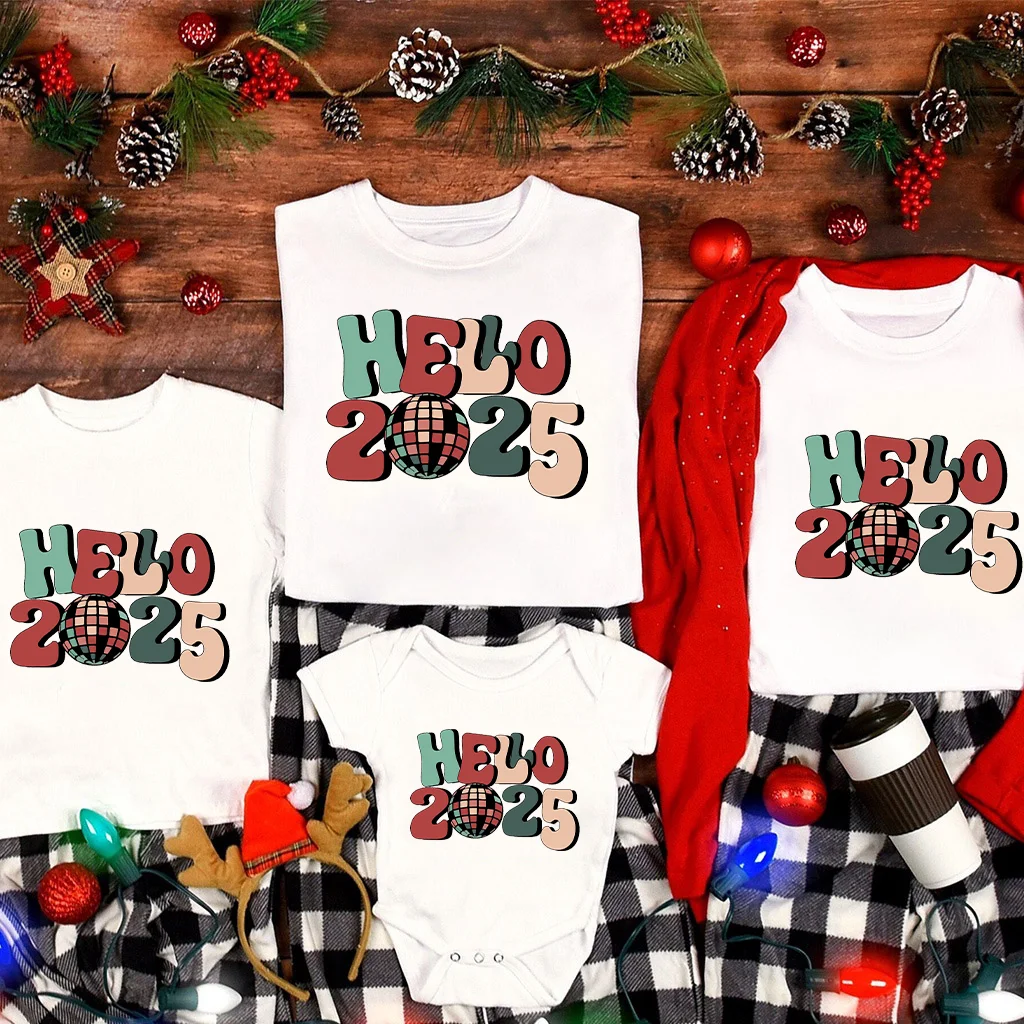 Hello 2025 New Year Family Matching Outfits Happy New Year Dad Mom Kids Shirt Baby Bodysuit Holiday Party Family Clothes