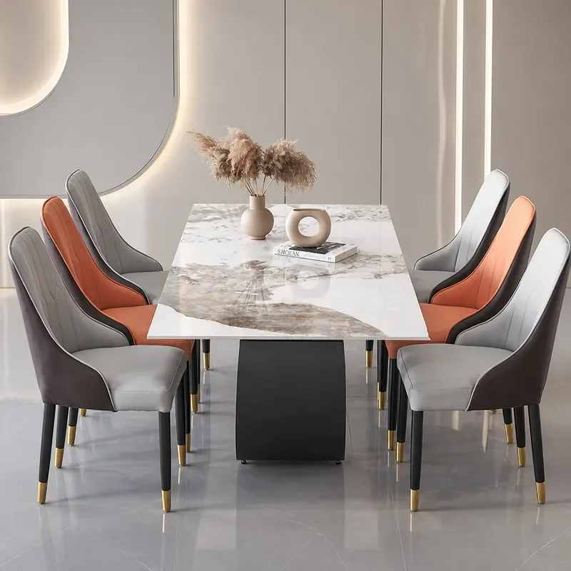 Italian Bright Rock Slab Dining Table and Chair Set Rectangular Elephant Leg Design Oil Proof Surface for Small Apartment