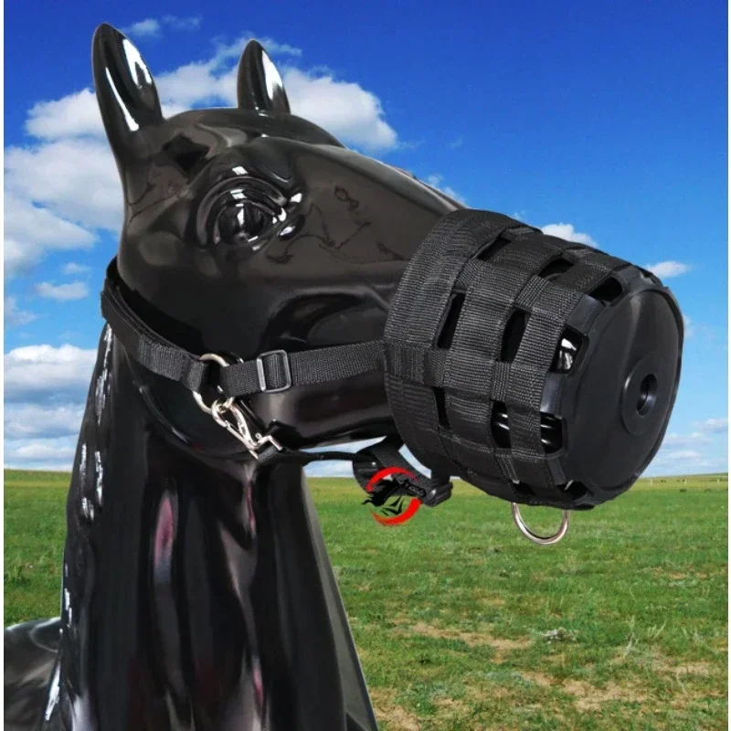 Bozal de caballo de nailon con cuello Halter ajustable, arnés de prevención de comer en exceso, cascabel de caballo para masticar