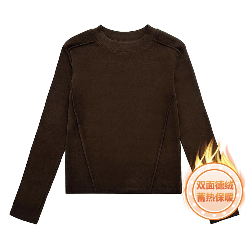 2026 Autumn Winter Solid Color Top Double Sided Dralon Crew Neck Tee Stitched Seam Slim Fit Thermal Layering Women T-shirt