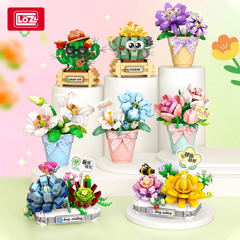 LOZ Plant Series potted Cactus Rose Bouquet Lily potted Cactus Gentian flower model building blocks for girls and children