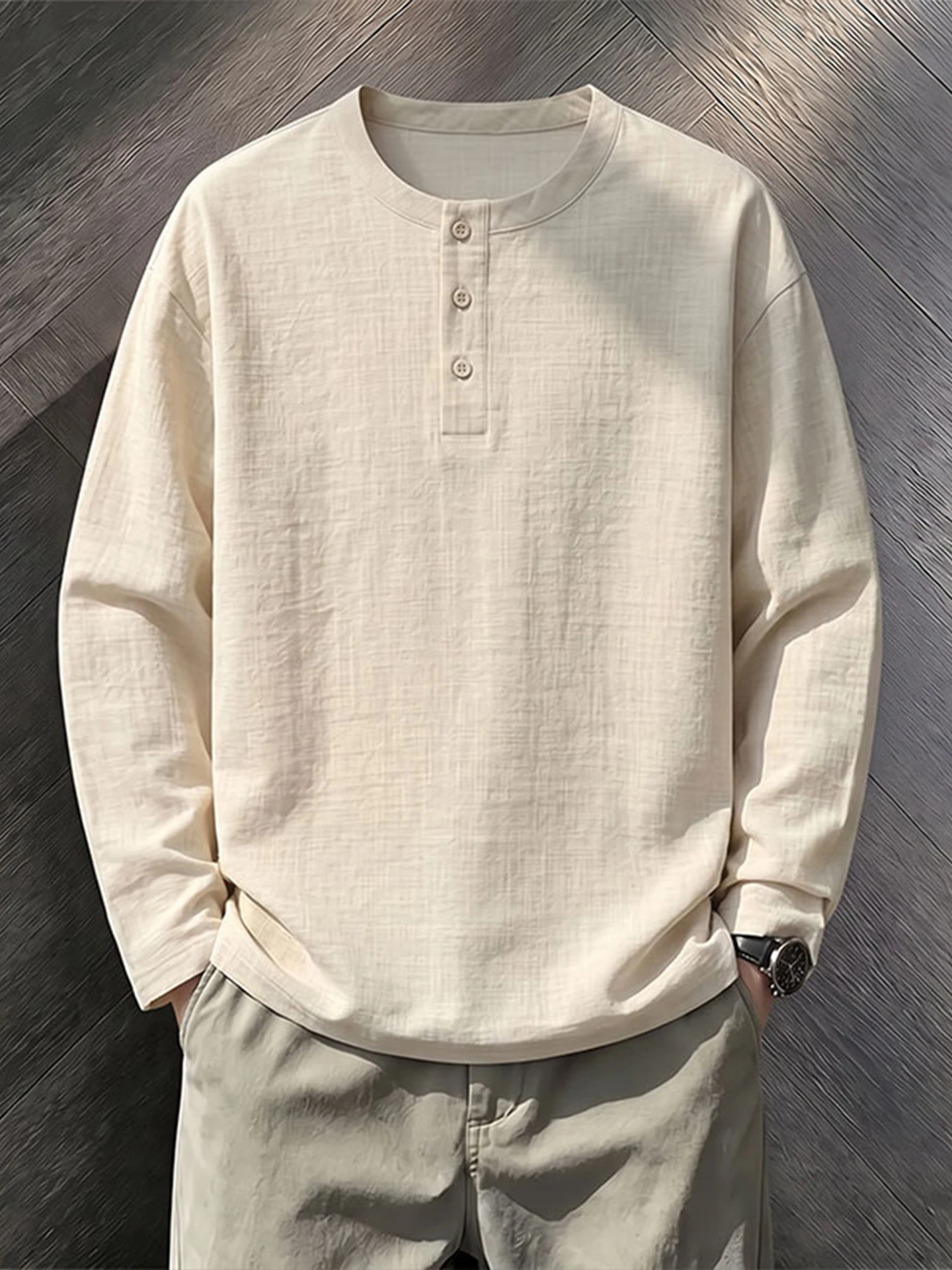 Laoqian Style Linen-Like Long Sleeve Henry Collar Base Shirt Men's Summer Thin Sun Protection Loose Fit T-Shirt Casual Top