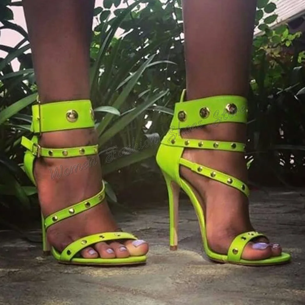 

Green Rivet Decor Ankle Buckle Sandals Stilettos High Heels High Heel Shoes for Women Fashion Heels 2024 New Zapatos Para Mujere