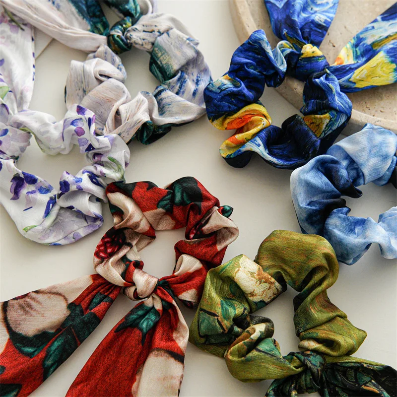 Women\'s Hair Accessories Girl Lady Elastic Headband Scrunchies With Ribbon Floral Design Trend Bandana Band Headbands Fashion