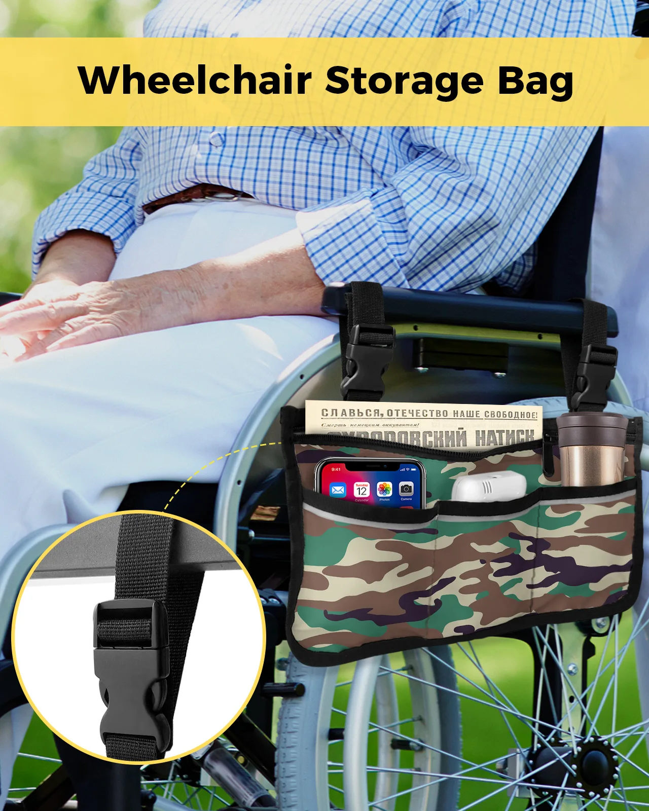 Camouflage Wheelchair Bag With Pockets Reflective Strips Armrest Side Bags Electric Scooter Walking Frame Storage Pouch