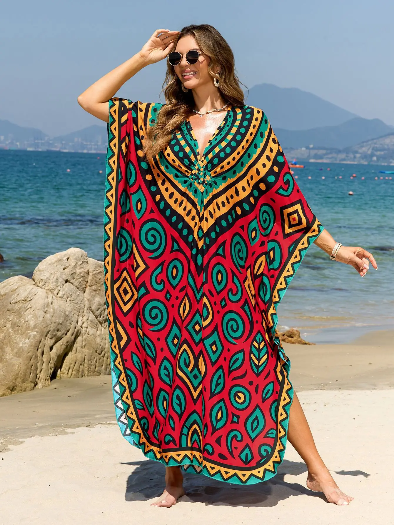 Robes de plage caftans imprimés géométriques pour femmes, tissées à la main, décolleté en V profond, fente latérale, vêtements de plage pour vacances d'été