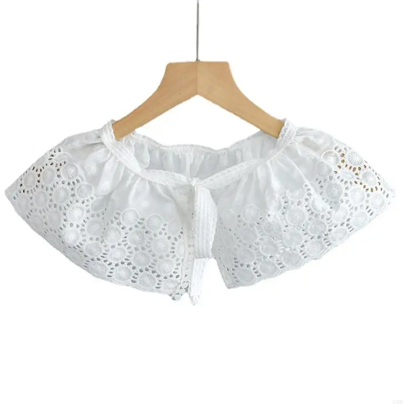 

49MF Women Spring Embroidery Threads Faux Collar Pleated Shawl Circle Flower Capelet