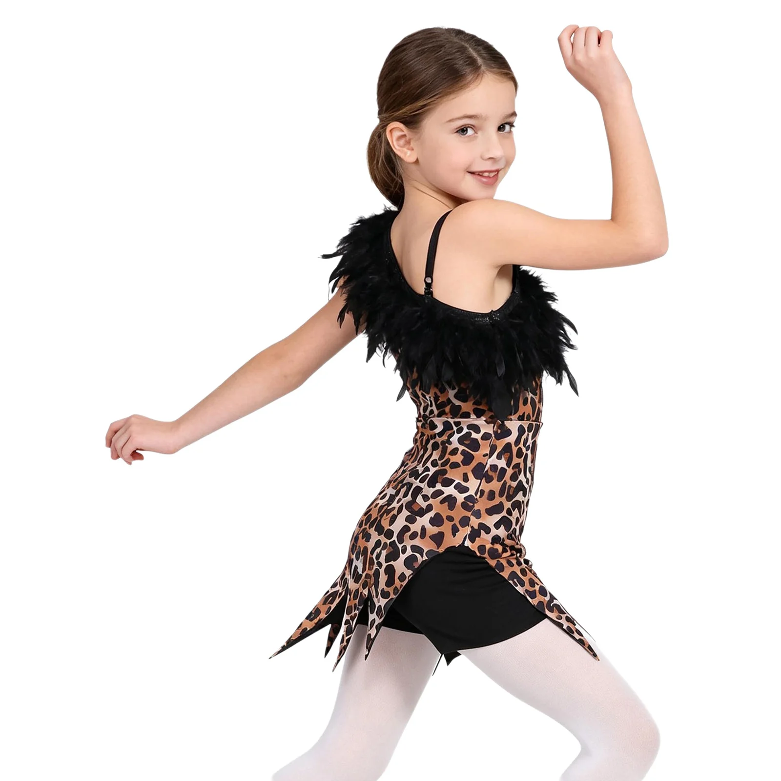 Kids Girls Caveman Primitive Tribal Indian Indigenous Princess Costume Faux Feather Leopard Printed Latin Jazz Dance Leotard view 3