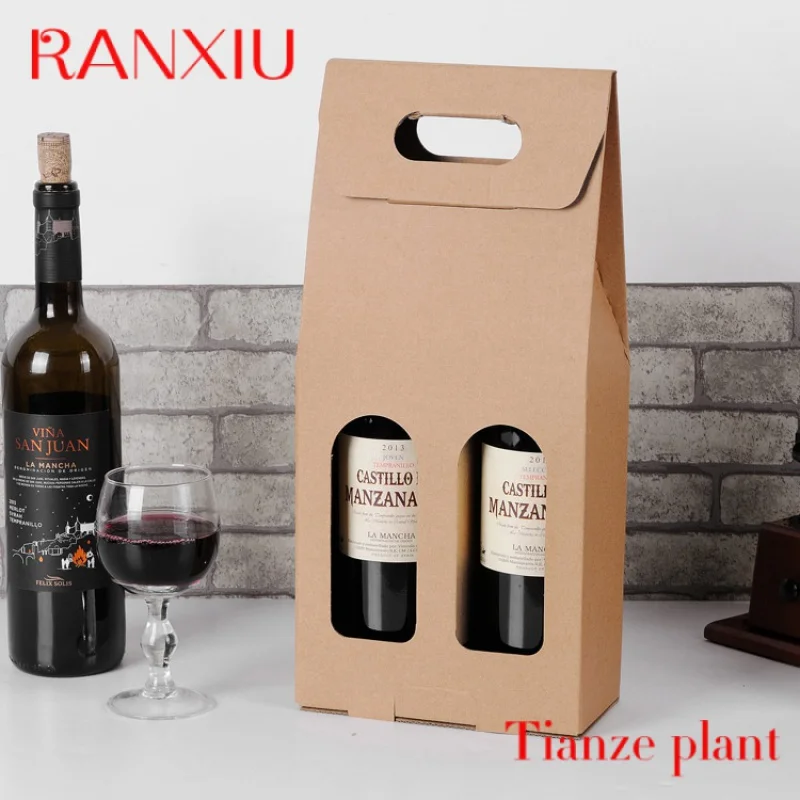 Caja de papel plegable personalizada, caja de papel Kraft, caja de vino tinto portátil, cajas individuales o dobles para embalaje, venta al por mayor