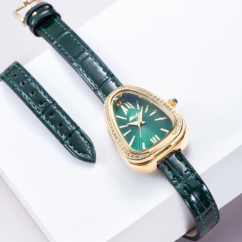 

Watch for Women Luxury Gold Snake Head Design Green Dial Quartz Womens Watches Ladies Wristwatch Bling Diamond Reloj Para Mujer