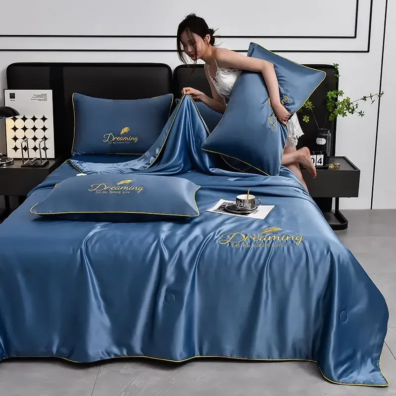 Bed sheets, air conditioning quilts water washed ice silk embroidery, four piece set all season versatile