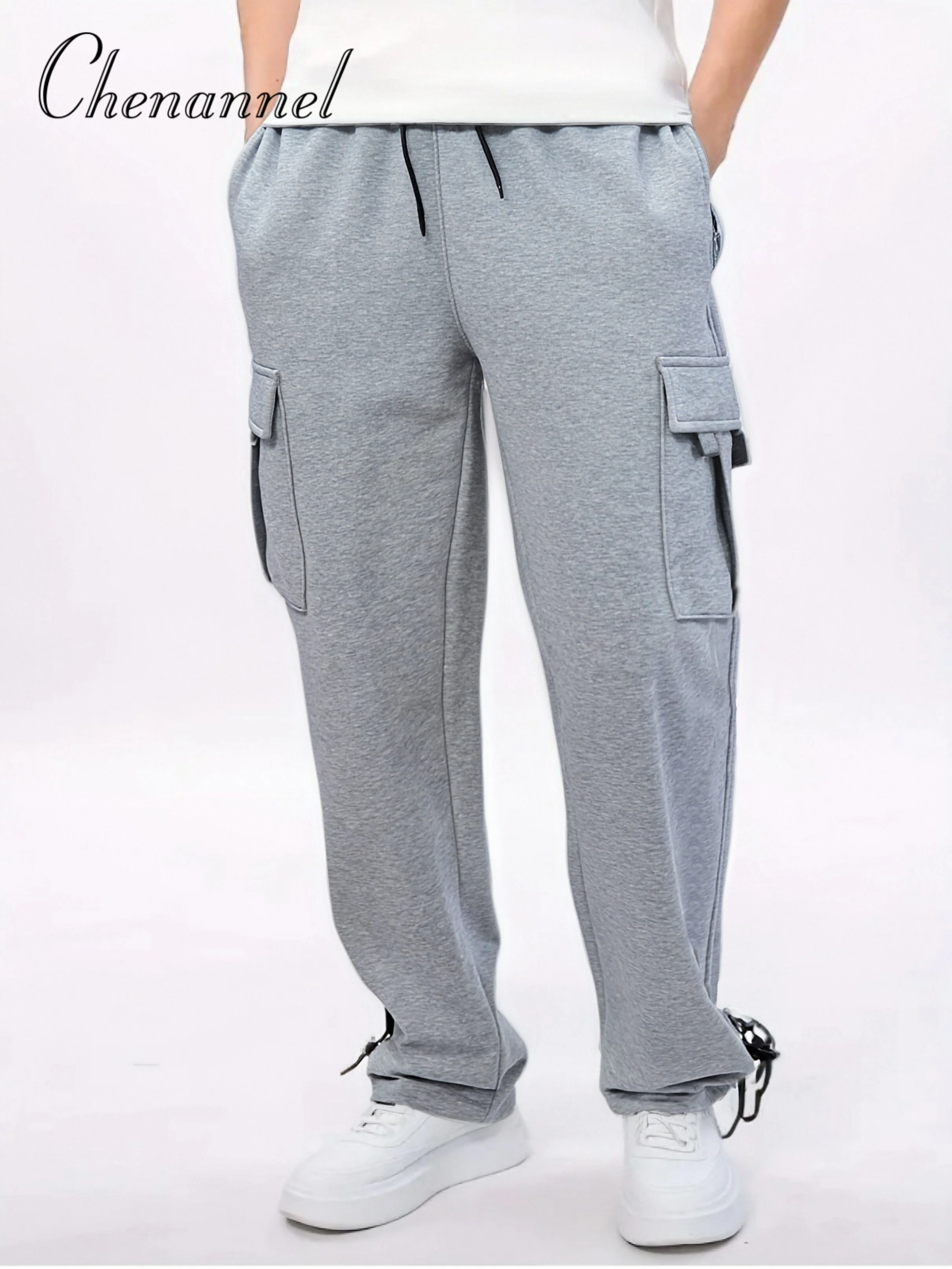 

Men's Autumn Black Side Pocket Straight Leg Elastic Waist Sweatpants Sports Long Trendy Versatile Bottoms