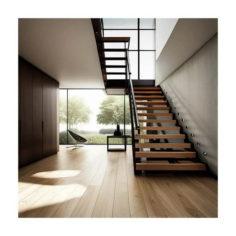custom.Internal Wood Material Staircase L-Shaped Side Plate Stairs Indoor Stair with Frosted Glass Railing