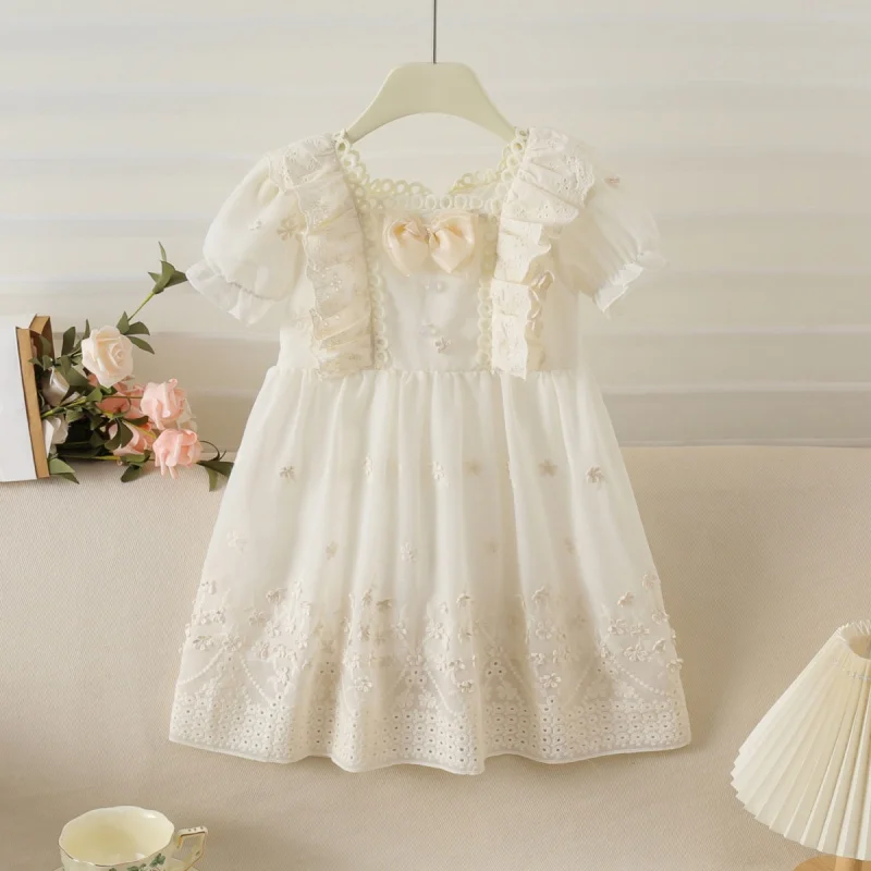 

Новое летнее платье для девочек, стильное французское однотонное платье с коротким рукавом для первого дня рождения малышки