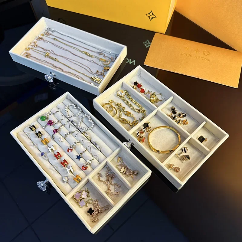 Organizador de joyas de terciopelo acrílico con 3 cajones, exhibición apilable, almacenamiento de pendientes, collar, pulseras, caja de soporte, estuche para mujer