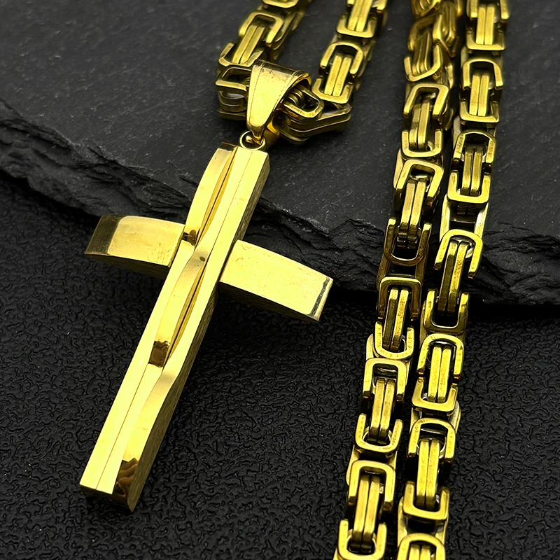 

Hip Hop Cross Pendant Necklace for Men Stainless Steel Gold Silver Color Christian Faith Byzantine Chain Necklaces Gift Jewelry