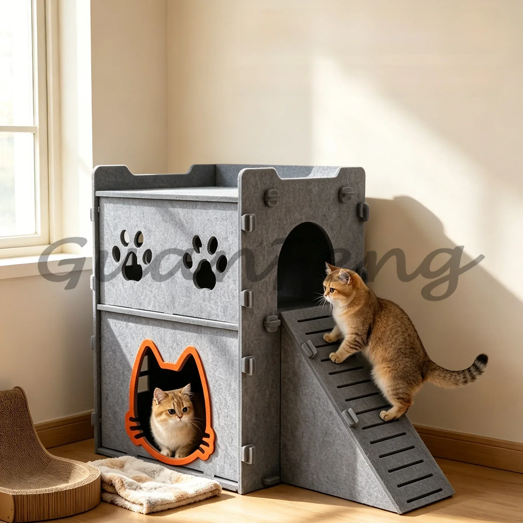 Semi-enclosed 2-tier Cat Condo with Stairs, All-season Breathable Warm Safe Indoor Cat House