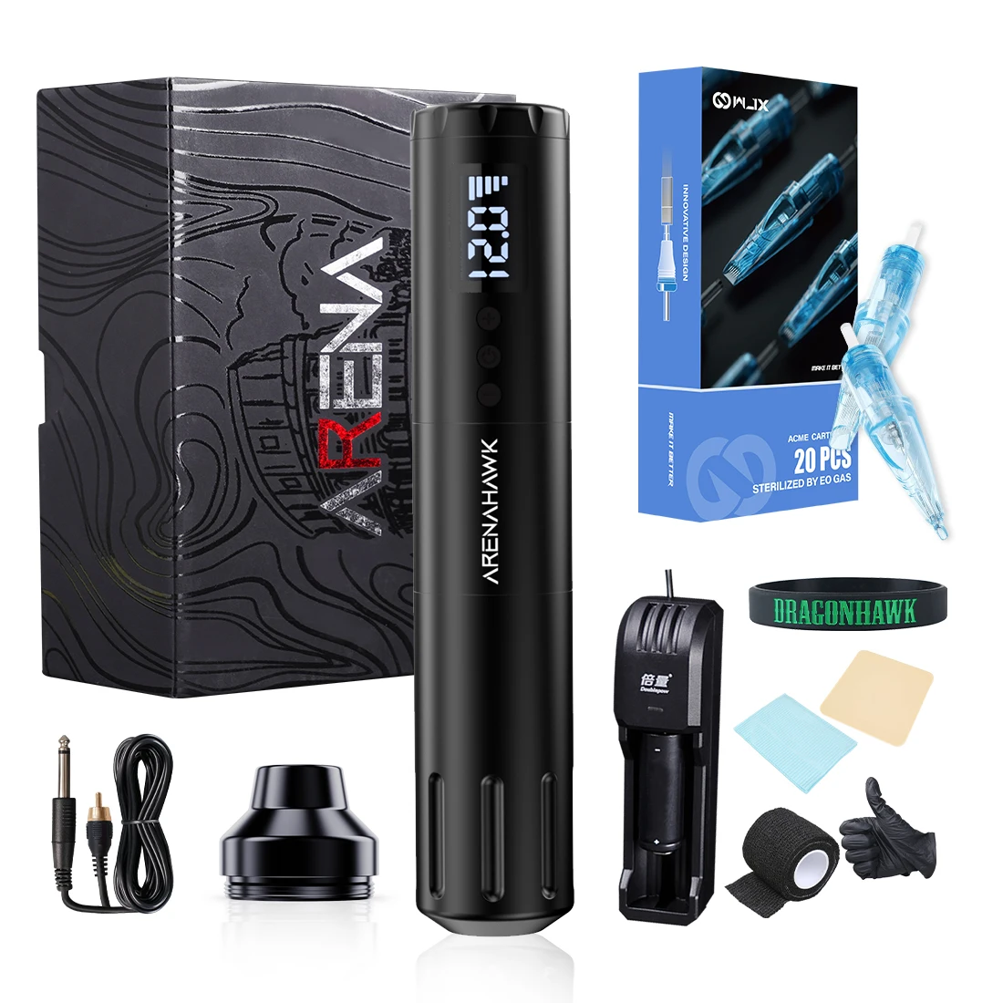 Arenahawk Wireless Tattoo Pen with Battery & RCA Mode with WJX Cartridge Needle Wireless Tattoo Machine Kit Complete