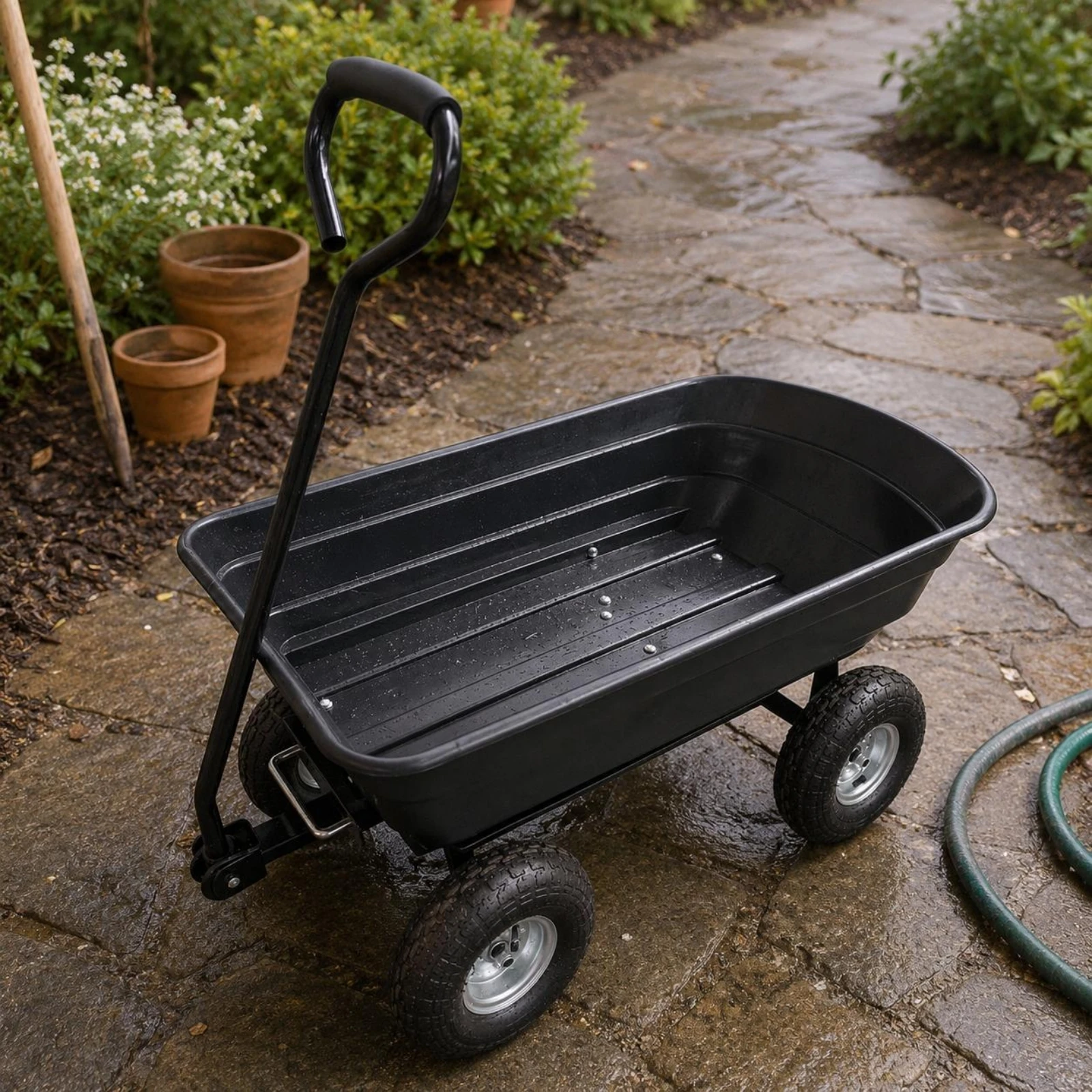 Garden Dump Wagon Metal Frame 4-Wheel Utility Wagon Utility Wagon All-Terrain Heavy-Duty Wagon Easy Maneuverability
