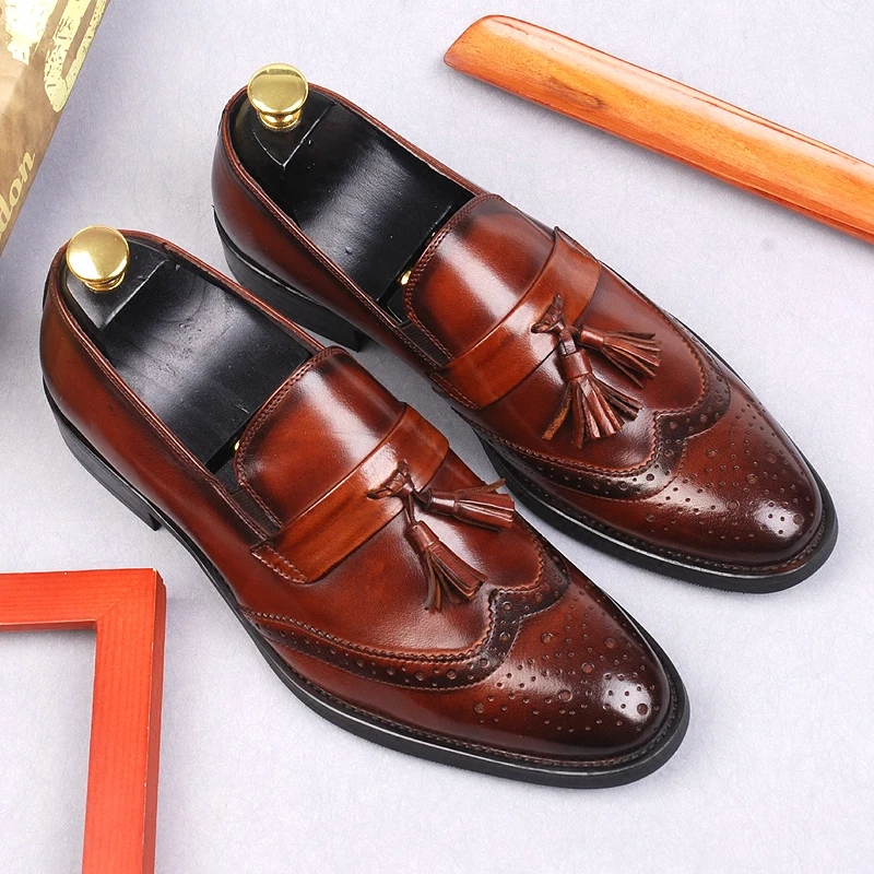 

Classic Italian Mens Tassel Loafers Genuine Calf Leather Dress Shoes Men Original Casual Business Wedding Formal Brogue Shoes