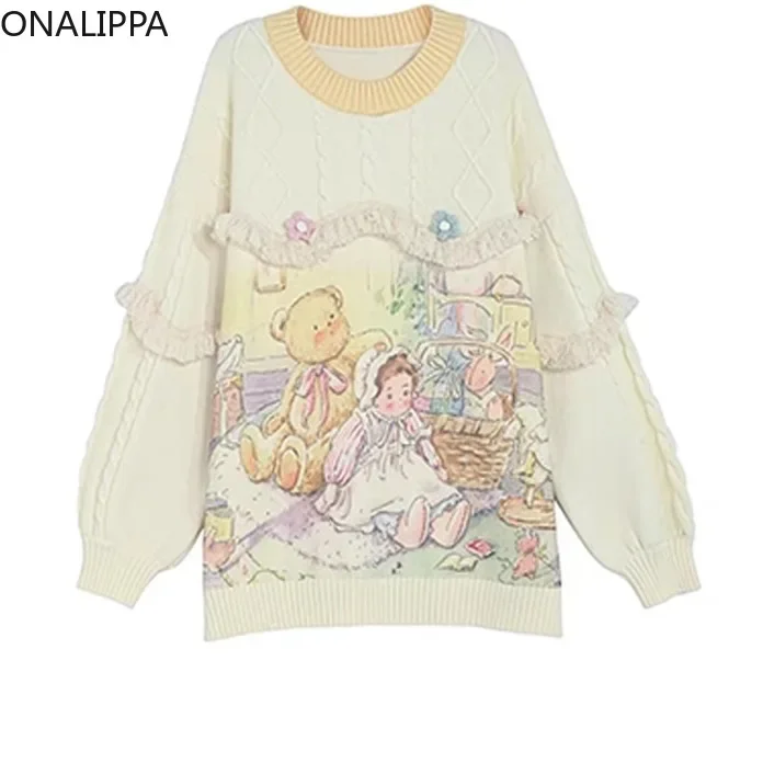 Onalippa Cartoon Printing Oversized Cardigan Contrast Gentle Wind Sweet Knitted Pink Cardigan V Neck Tassel Sweater Women