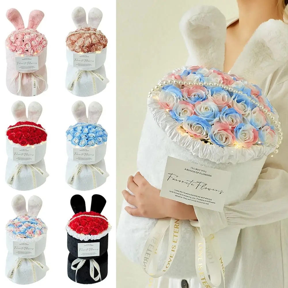 

Beautiful Artificial Roses Bouquet DIY Creative Soap Flower Handmade Glowing Rabbit Ears Holding Bouquets