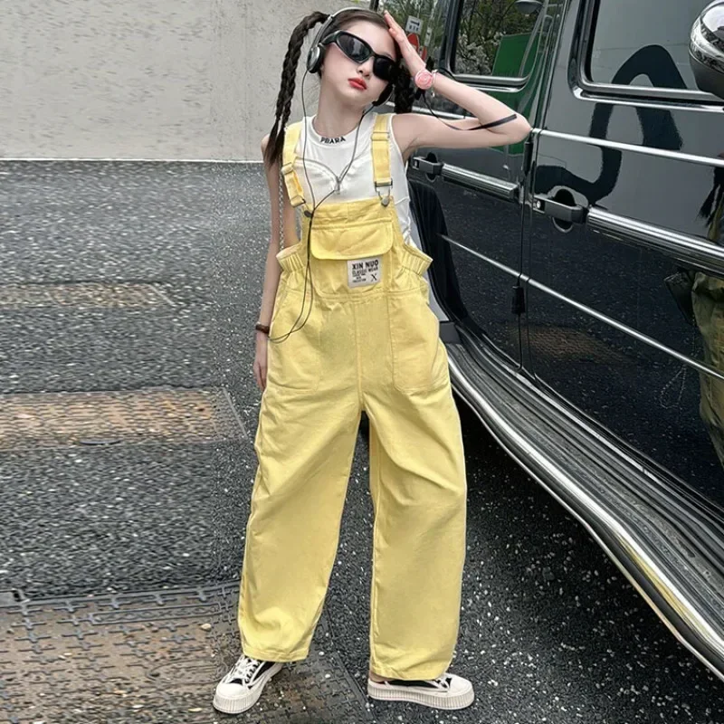 

Girls Denim Overalls Summer 2024 New Yellow Fashion Loose Teens Children Jumpsuit Casual All-match Teen Kids Trousers 4-12 Years