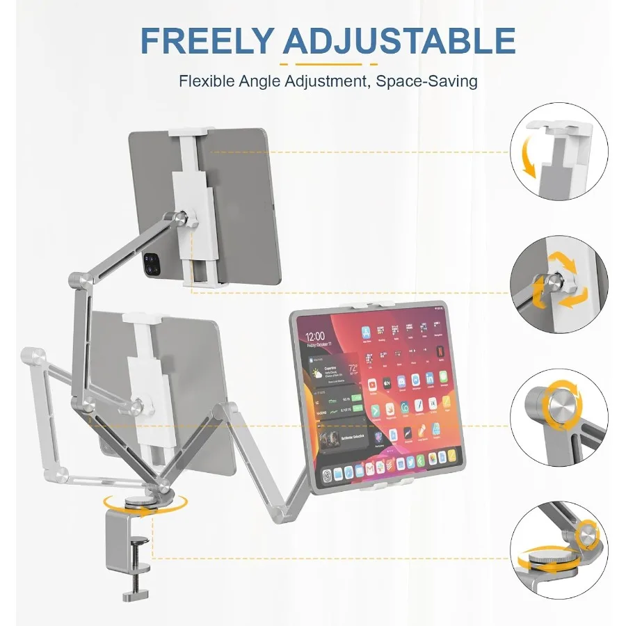 Supporto per tablet Braccio per tablet pieghevole regolabile Supporto da scrivania per iPad con base girevole a 360° Supporto per telefono Supporto per iPad per scrivania e letto