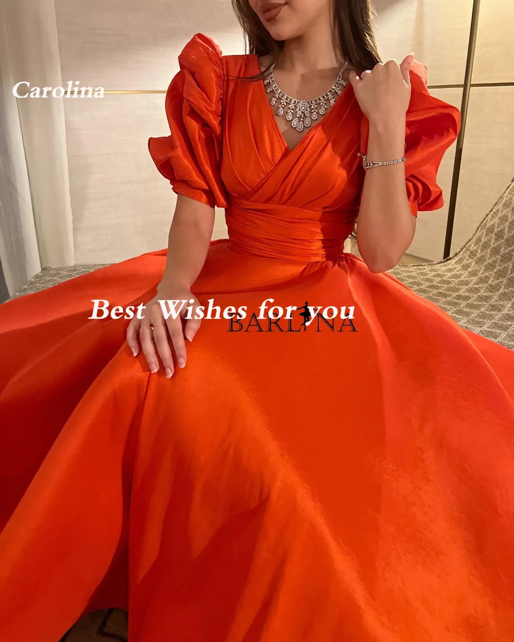 Carolina V-Neck Evening Dresses Glitter فساتين سهرة Women\'s Short Sleeves A-Line Orange Prom Dresses Formal Occasion Party