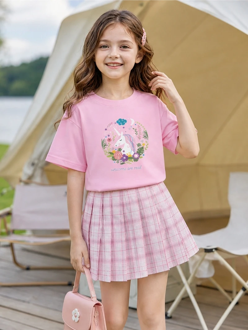 Girls Preppy Style 2 Piece Outfit Cotton Unicorn Print T Shirt Plaid Pleated Skirt With Lining School Clothes 4-14years