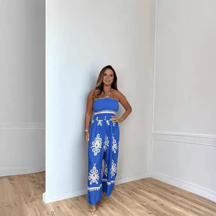 

Women Jumpsuits Print Sleeveless Pullover One Piece Rompers Casual Loose Sexy Backless 2024 Ankle Length Wide Leg Pants