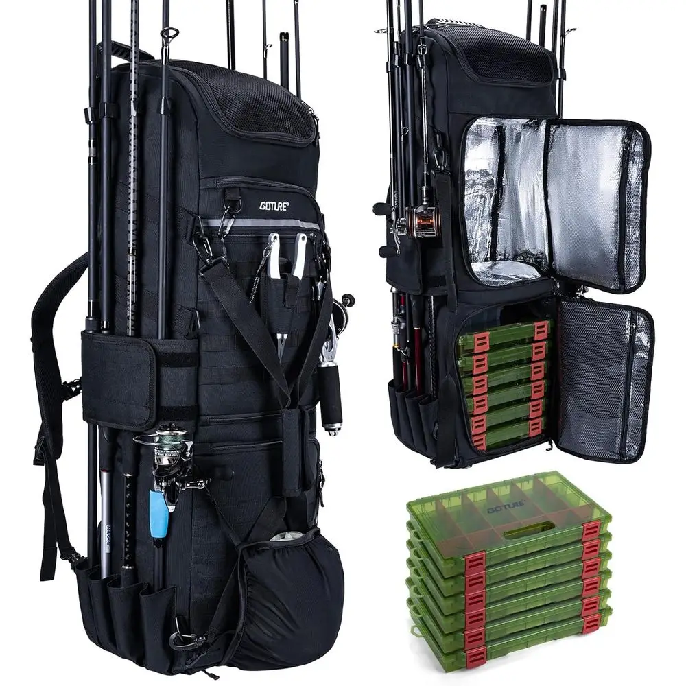 

116L Insulated Fishing Tackle Backpack Combo with 6 Tackle Boxes, 3-Layer Organizer Holds 8 Tackle Boxes & 8 Rod Holders, Tool B
