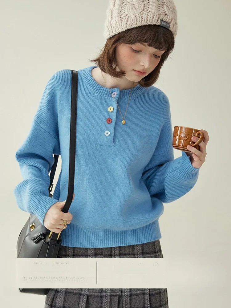 

AMUU Original f Button Blue Sweater Women's Winter New Gentle Soft Long Sve Top North Island Commute Sle Loo...