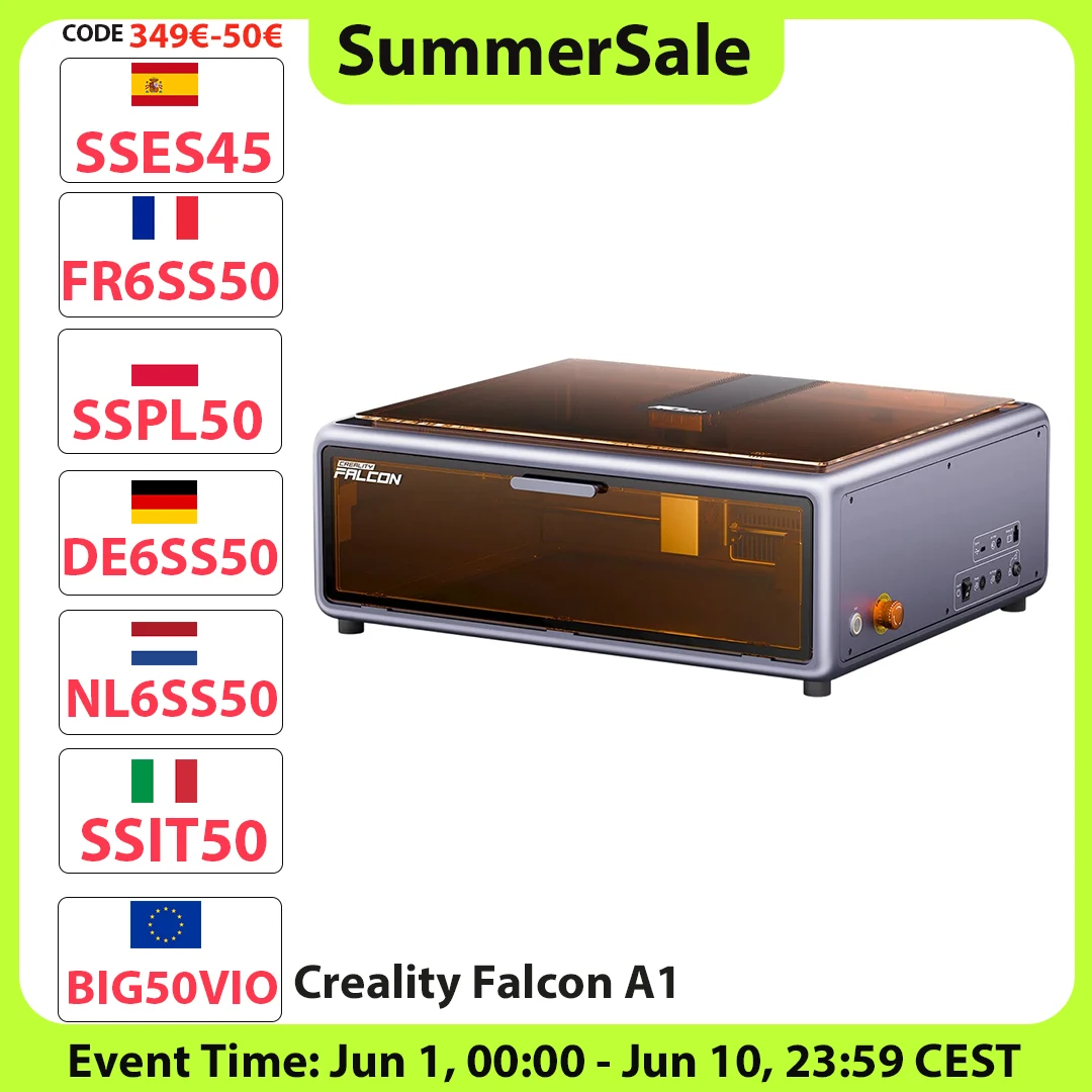 Creality Falcon A1 10W Laser klasy 1 zgodny z FDA, szybkie grawerowanie 600 mm/s, wbudowana kamera, inteligentne wykrywanie materiału, osłona chroniąca oczy.