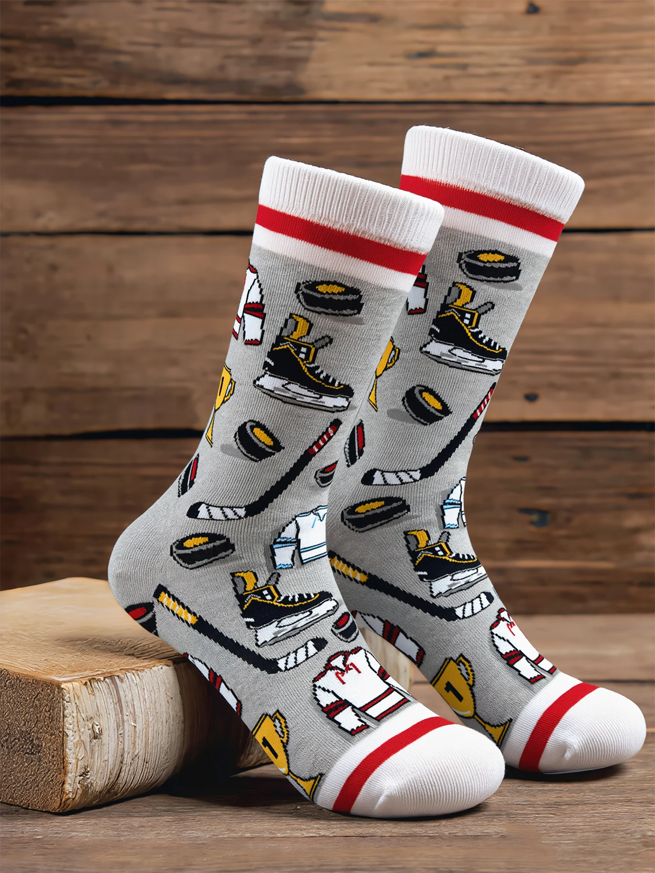 1 Par de Calcetines de Algodón con Estampado de Hockey sobre Hielo para Hombre, Calcetines Deportivos con Diseño Atlético, Calcetines de Media Pantorrilla, Calcetines Casuales Suaves para Hombre