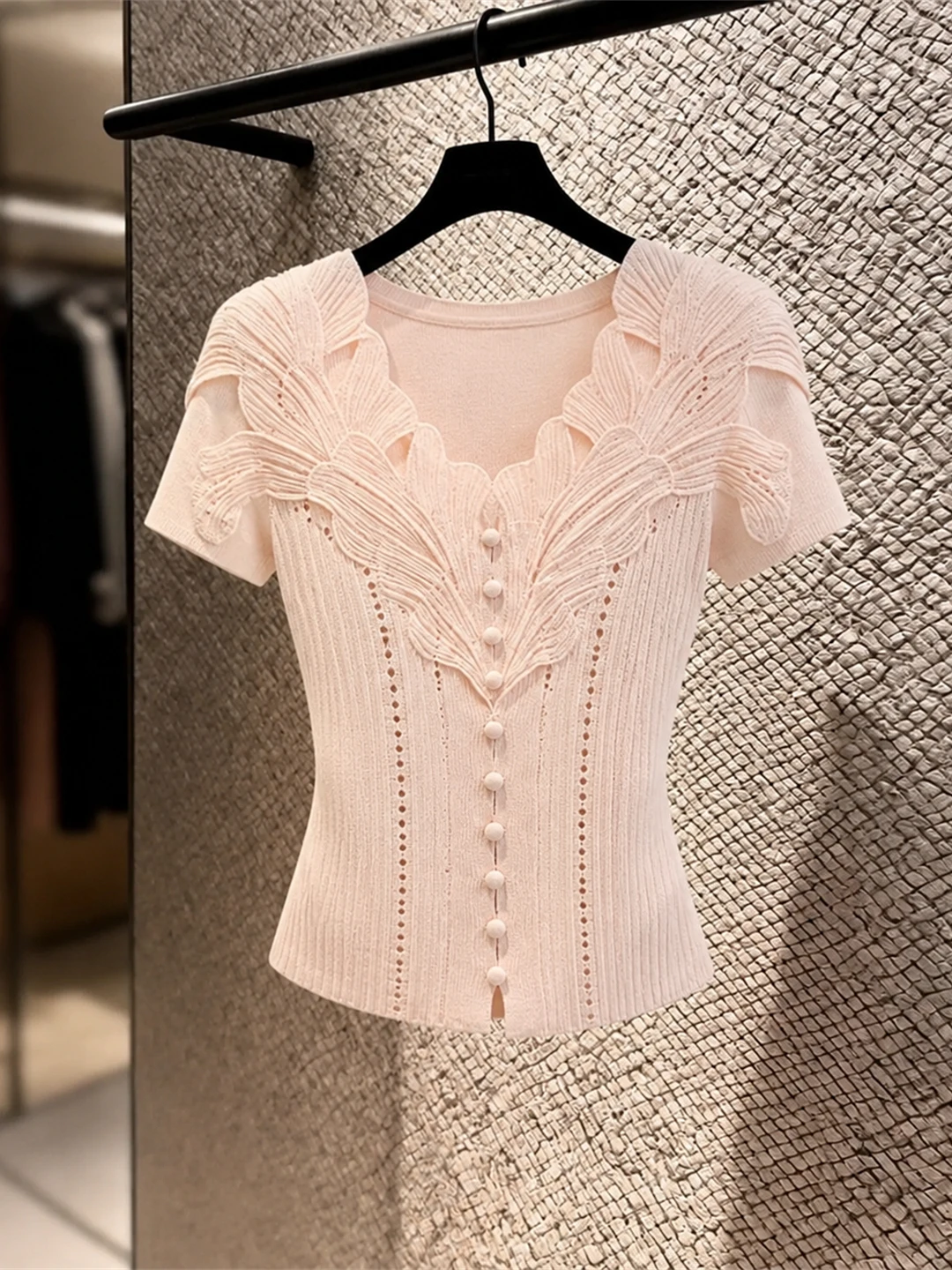 

V-Neck Embroidered Ice Silk Knitted Short Sleeve Slim Fit Versatile Youthful Top Korean Style Commute Summer Fashion Ladies' ...