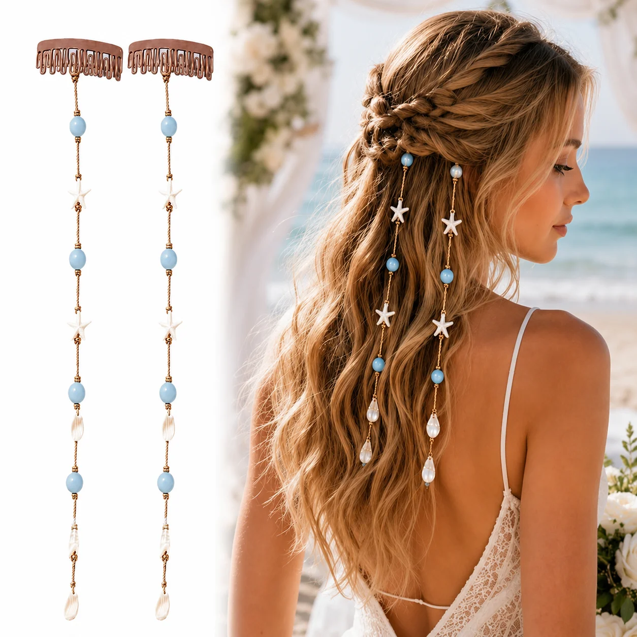 Beachy Mermaid Hair Accent,Starfish & Bead Details for Women Clip Bead Pretty Summer Accessory Headdress Hairstyle Styling Tool